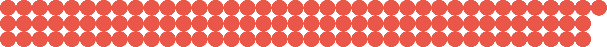 A grid of 100 solid red circles arranged in five rows and twenty columns on a white background.
