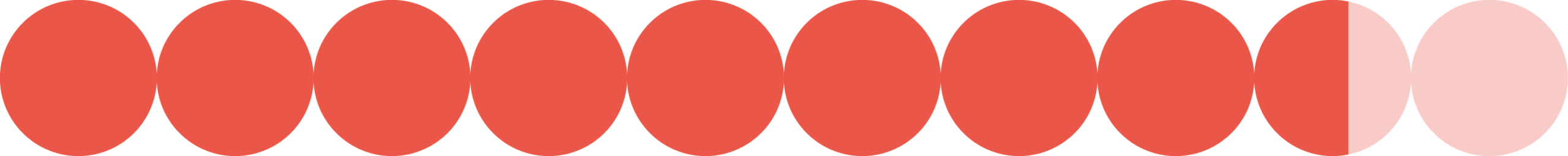 Eight solid red circles and one partially transparent red circle are arranged in a horizontal row against a light background.