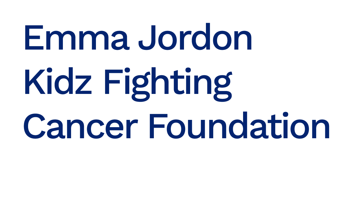 Blue text on a light gray background reads: Emma Jordon Kidz Fighting Cancer Foundation.