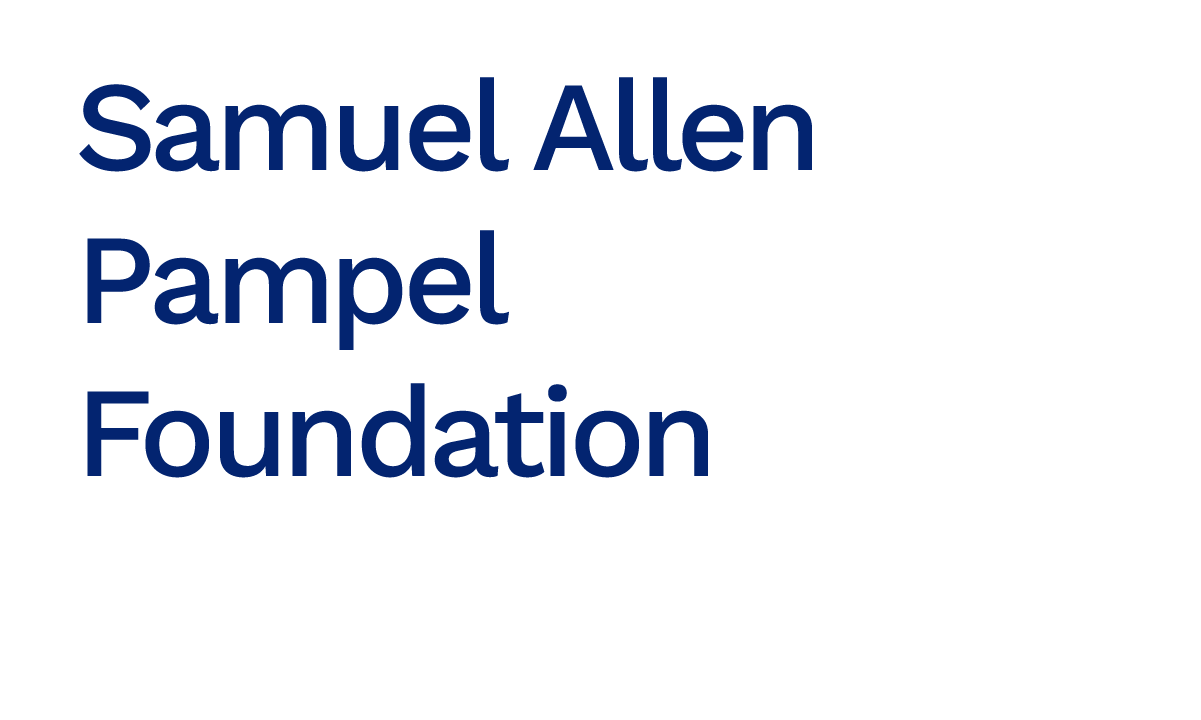 Text logo reading Samuel Allen Pampel Foundation in large, bold, blue letters on a light gray background.