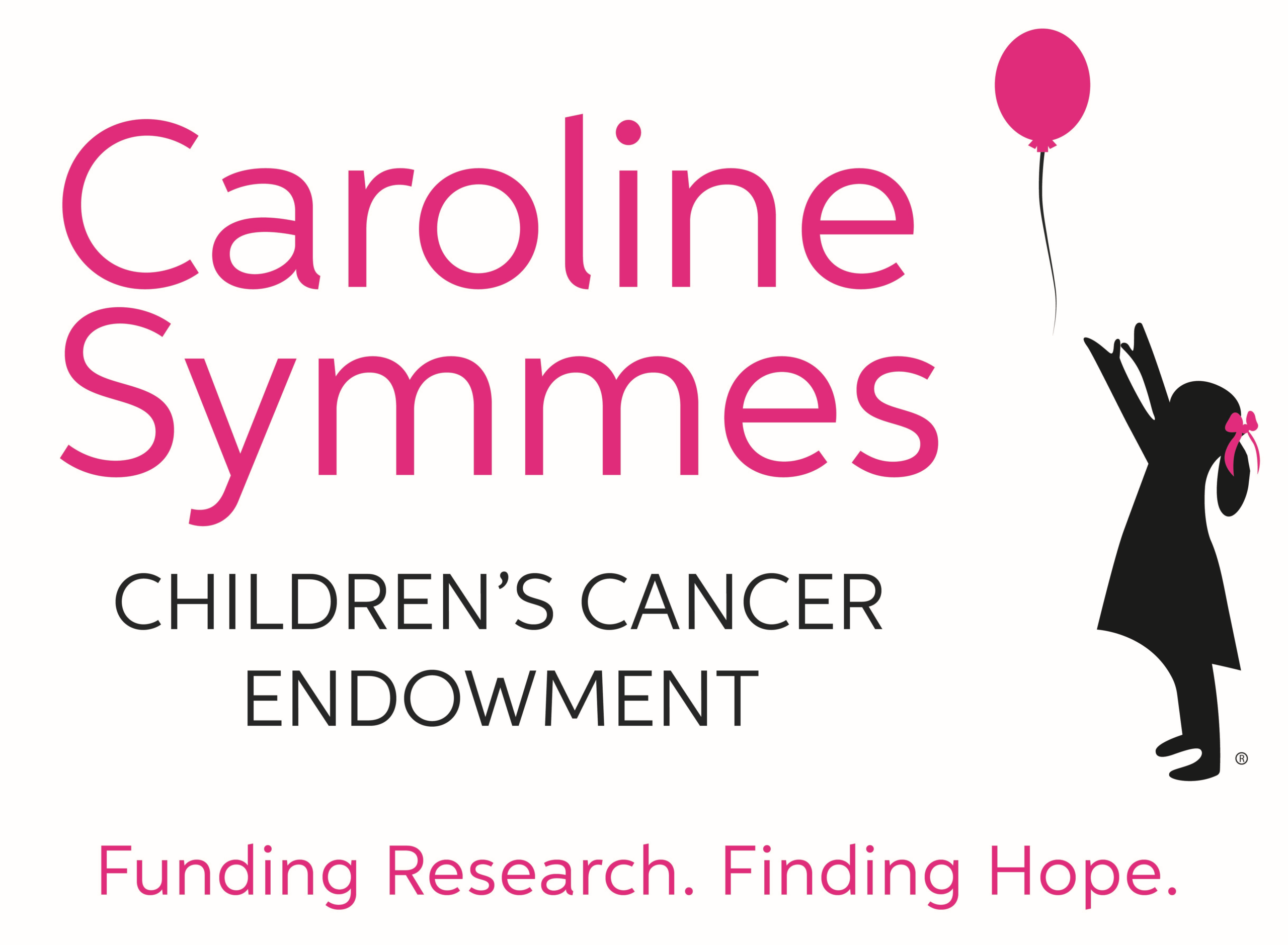 Logo for the Caroline Symmes Children’s Cancer Endowment, featuring a silhouette of a girl holding a pink balloon. Text reads: Funding Research. Finding Hope.