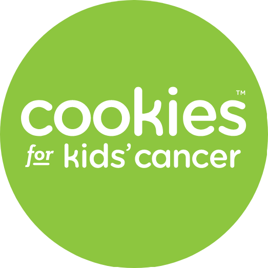 A bright green circle with the white text cookies for kids’ cancer written in lowercase letters across the center.