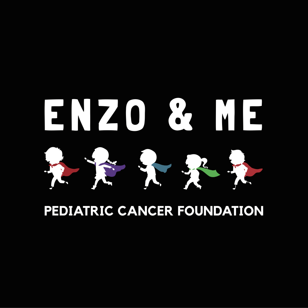 Logo for Enzo & Me Pediatric Cancer Foundation featuring silhouettes of five children in different colored superhero capes, walking joyfully from left to right, on a black background.
