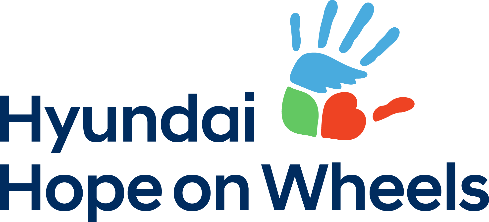 Logo for Hyundai Hope on Wheels with the organization name in blue and a colorful handprint above it, featuring blue, green, and red segments.