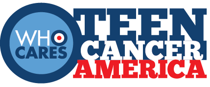 Logo for Teen Cancer America featuring the words WHO CARES in a blue circle with a target symbol, next to bold blue and red text reading TEEN CANCER AMERICA.