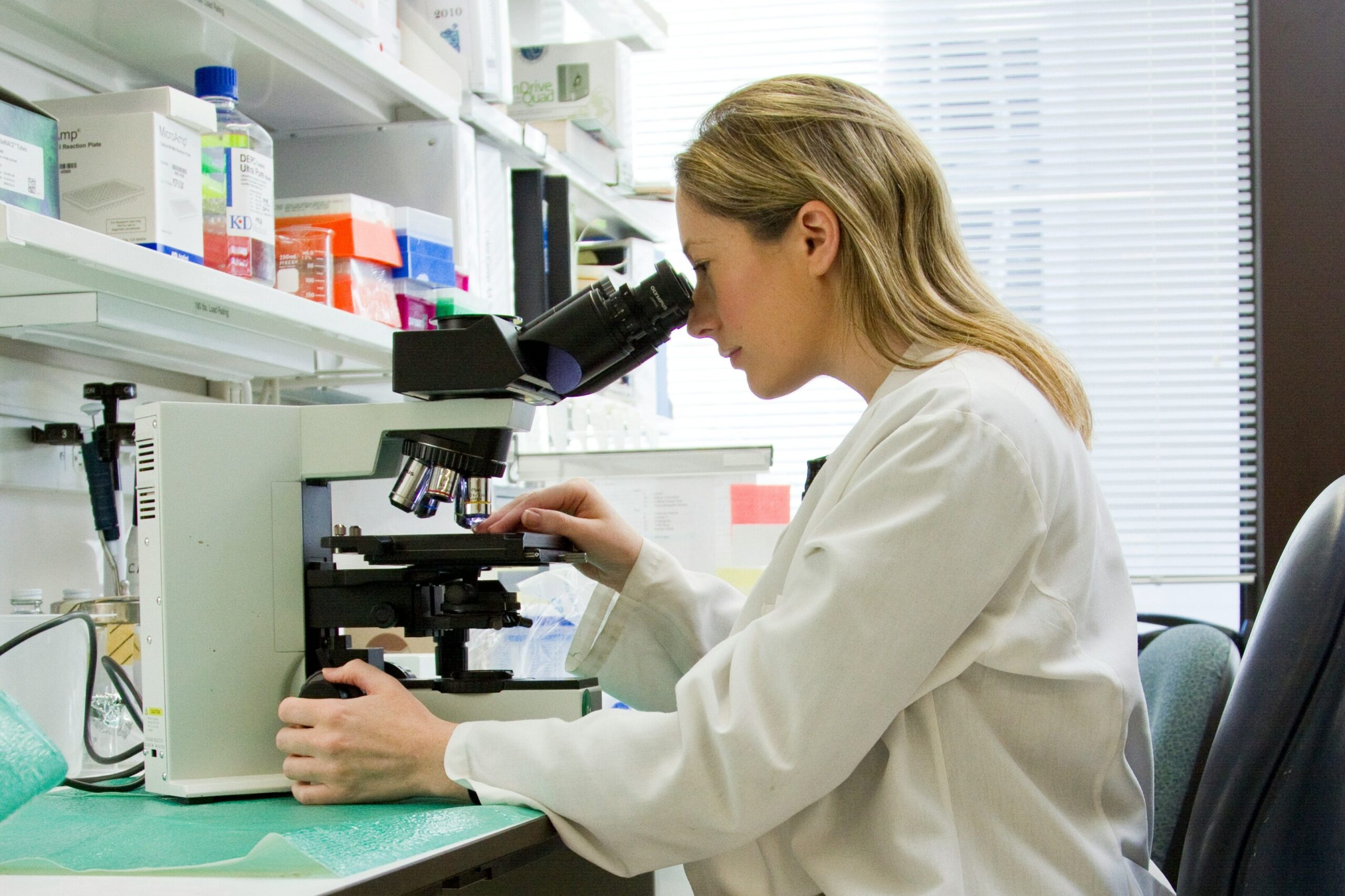 A woman in a lab coat uses a microscope at a laboratory workstation, surrounded by shelves with lab supplies and equipment, near a window with blinds.