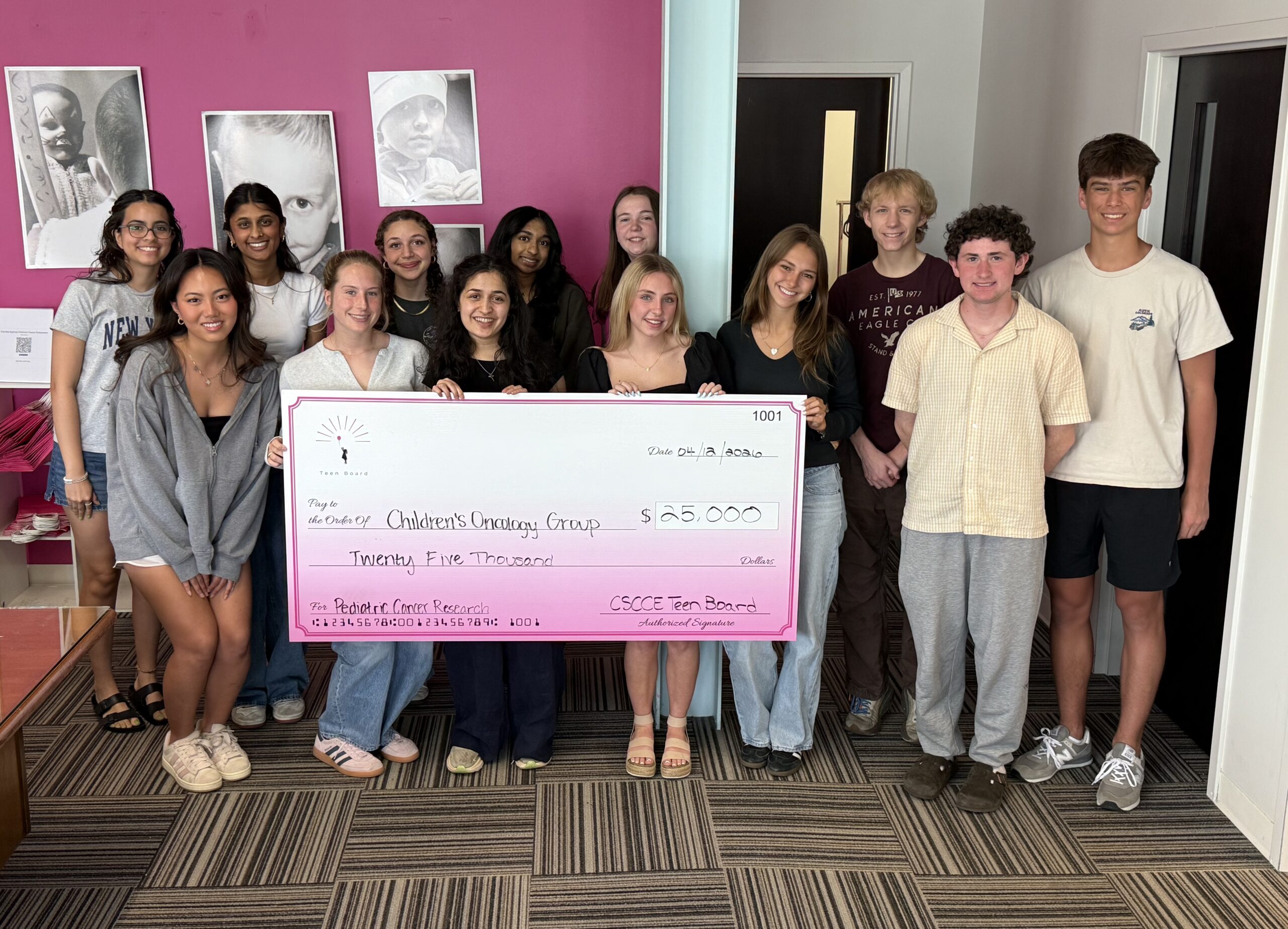 Teen Board accepting check for Caroline Symmes Children's Cancer Endowment